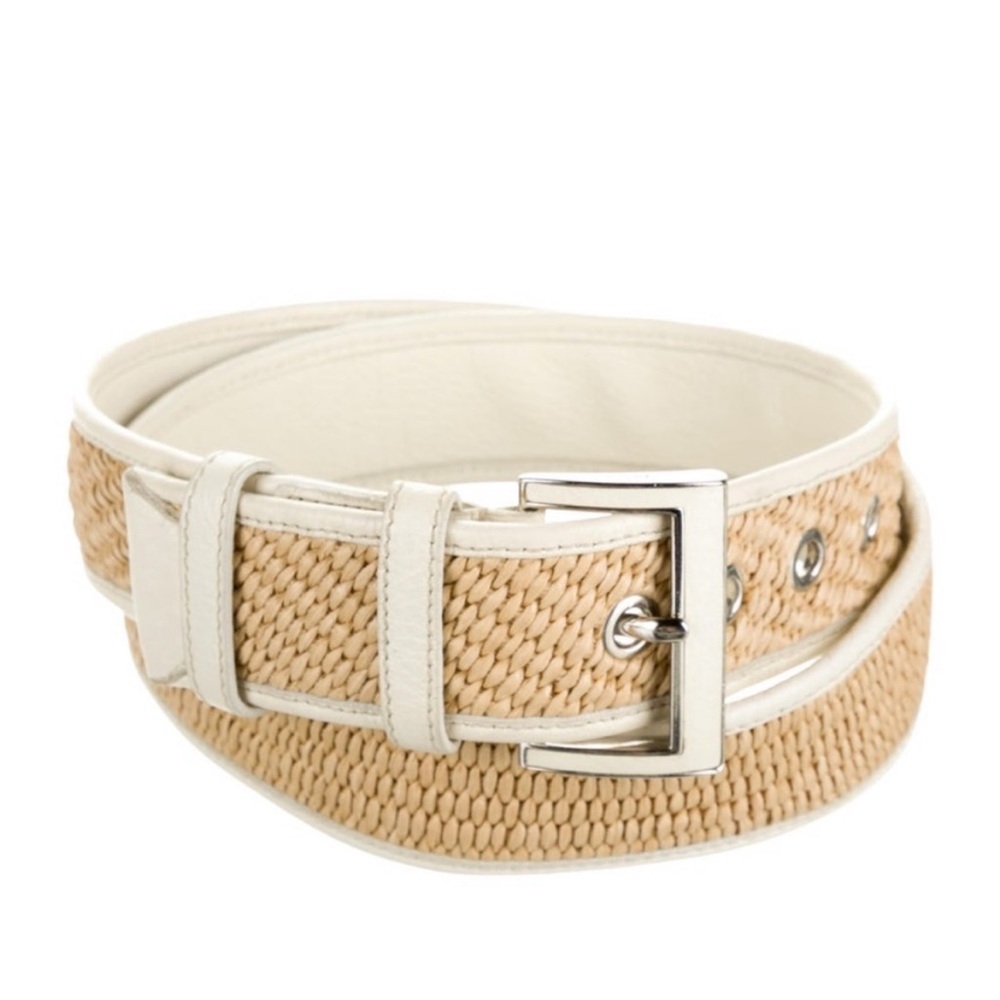Slightly Used White leather & tan woven jute Prada belt with silver-tone